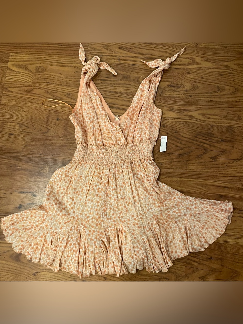 Sky to Moon Tie-Shoulder Peach Floral Mini Dress with Smocked Waist